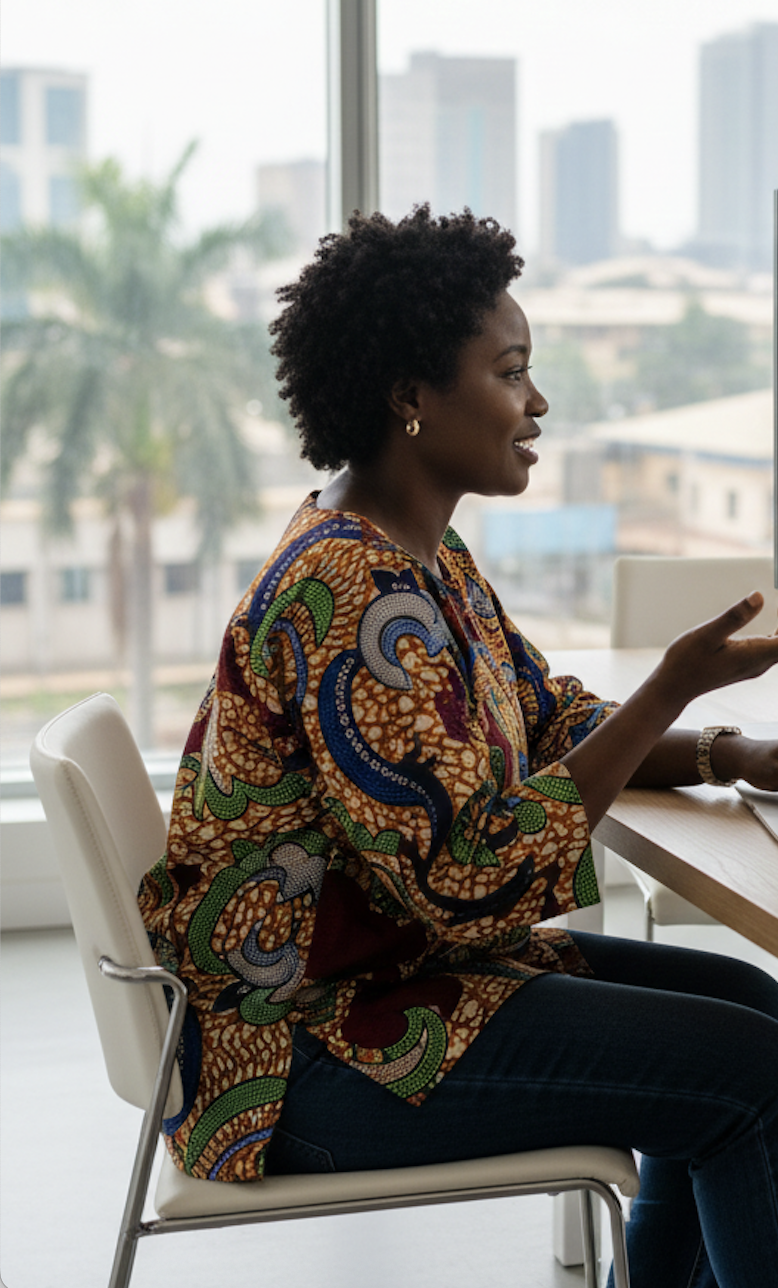 Person in meeting discussing systems